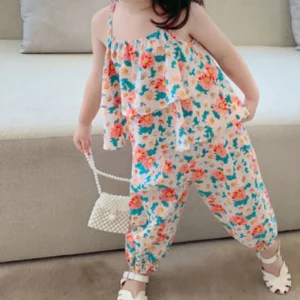 2PC Girls' Suits Cute Floral Vest and Anti-Mosquito Pants.