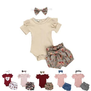 Summer Short Sleeve Ruffle Romper Tops And Short Pants and Head Band Infant Outfits